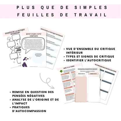  Feuilles de travail en français pour identifier et comprendre le critique intérieur, avec pratiques d'autocompassion et pensées positives.