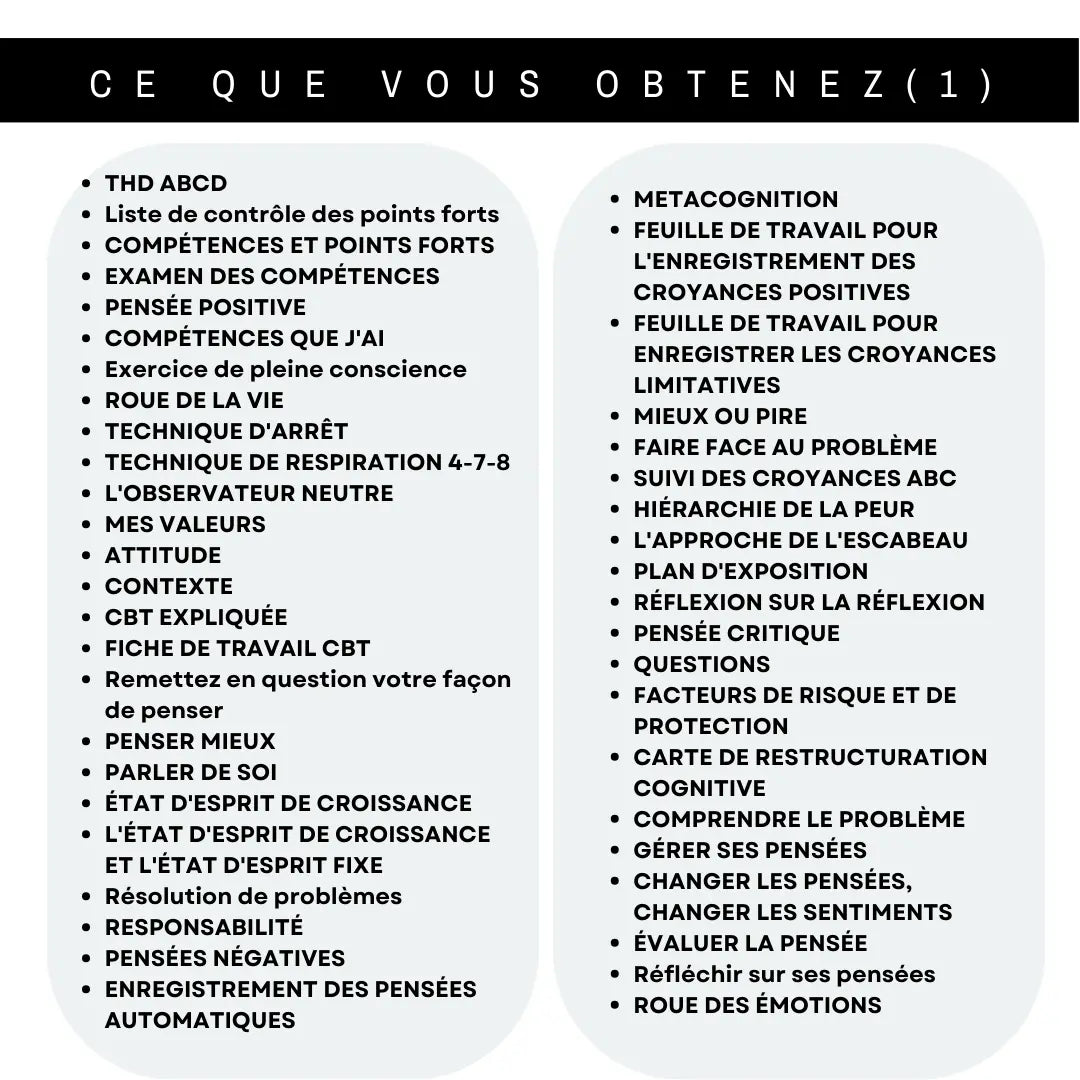 Liste détaillée des outils de santé mentale en français, comprenant TCC, pleine conscience, pensée positive et restructuration cognitive.