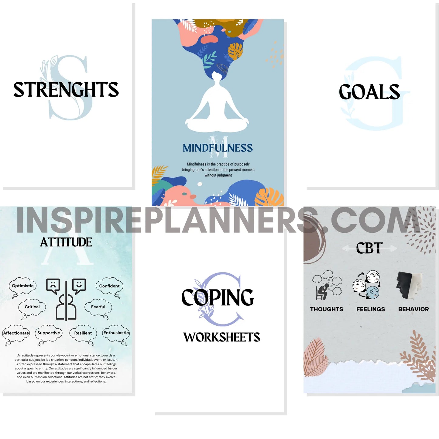 Strengths, goals, mindfulness themes from the Ultimate Mental Health Worksheets Bundle.