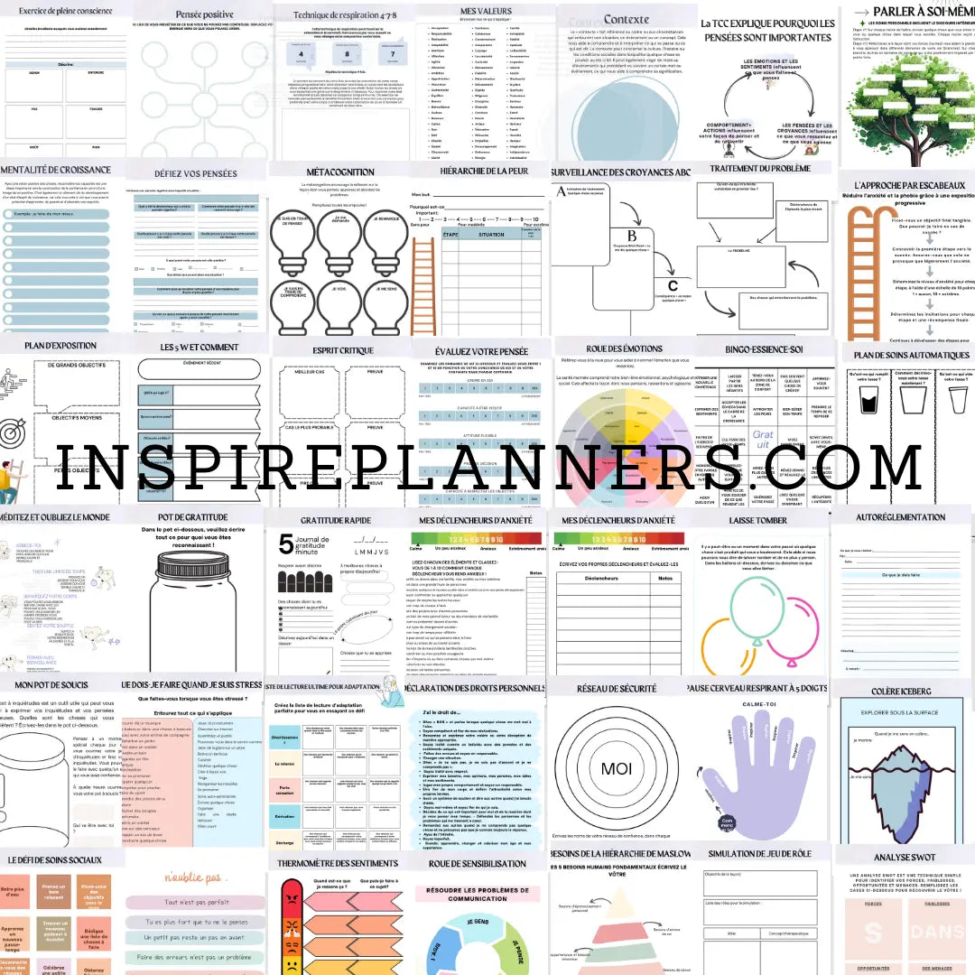 Collection complète de feuilles de travail en français pour la santé mentale : pleine conscience, gratitude, TCC et gestion du stress.
