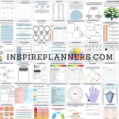 Collection complète de feuilles de travail en français pour la santé mentale : pleine conscience, gratitude, TCC et gestion du stress.