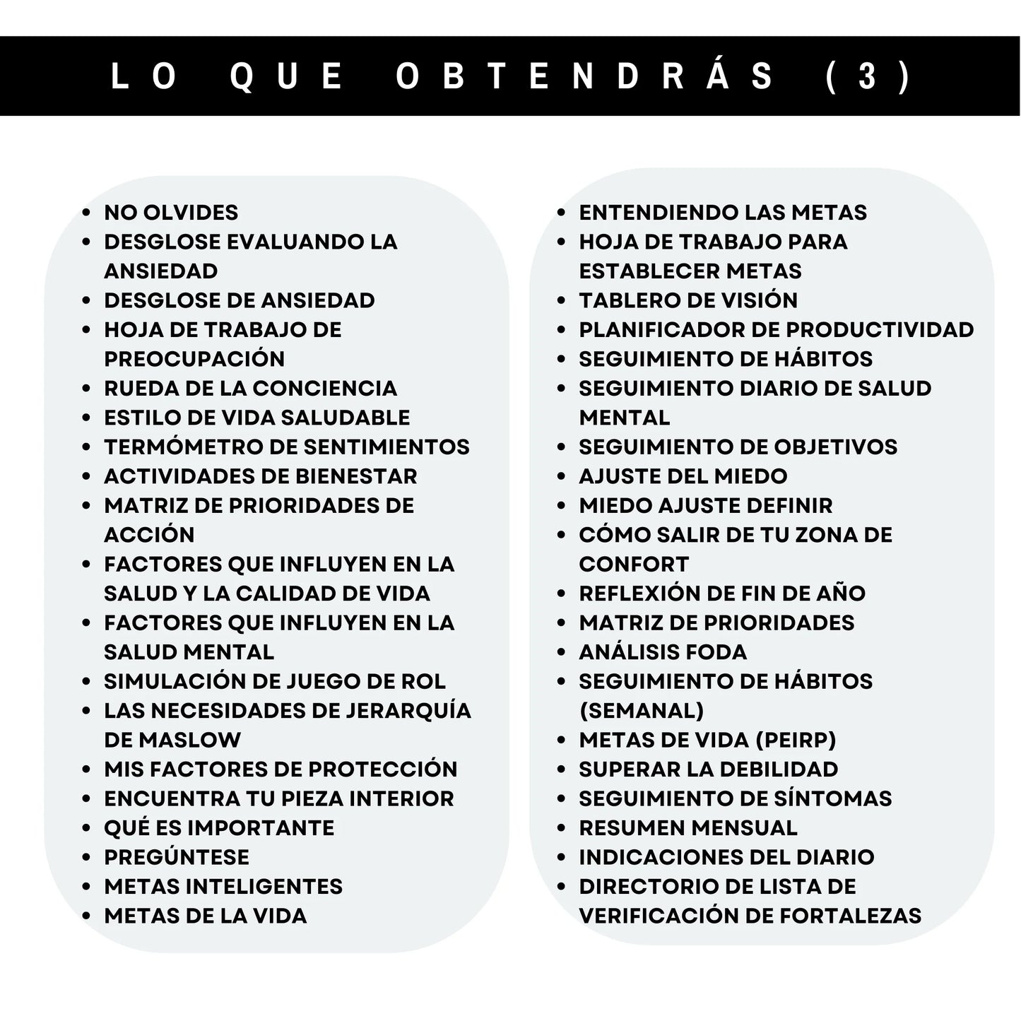 Características del paquete de salud mental en español: metas, hábitos, bienestar, análisis FODA y seguimiento emocional.