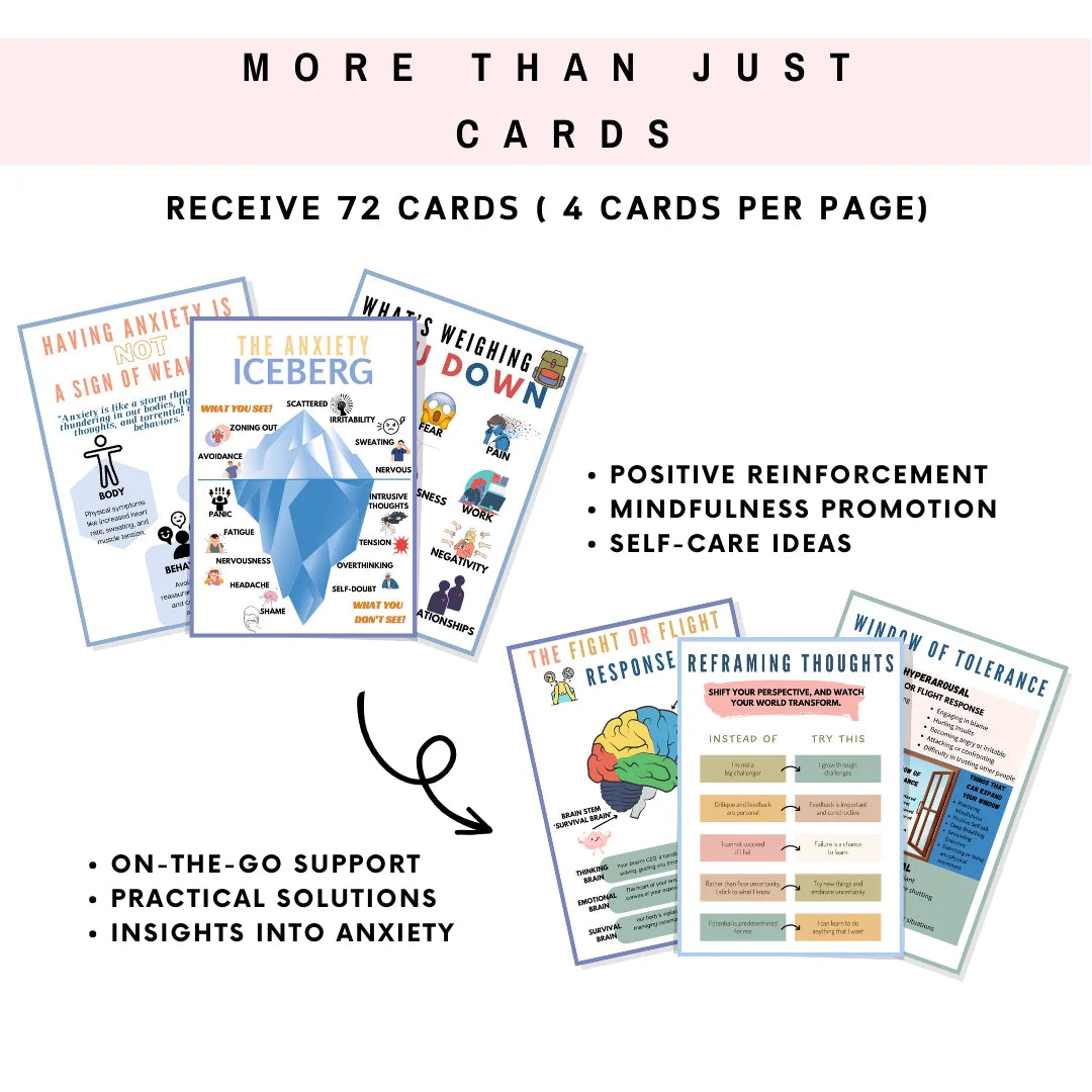 Anxiety management cards with self-care tips, mindfulness techniques, and positive reinforcement strategies.