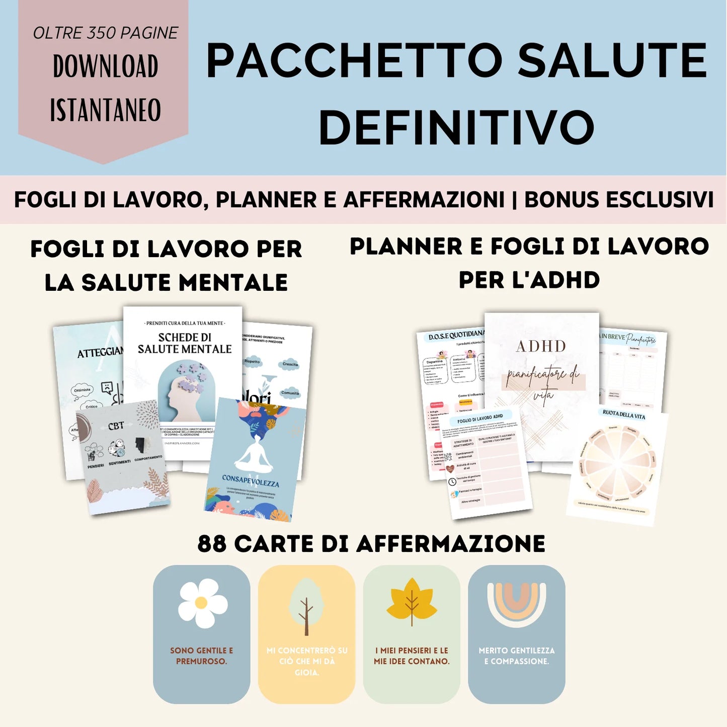 Pacchetto definitivo con planner, schede di lavoro e carte di affermazione per migliorare la salute mentale e l’organizzazione.