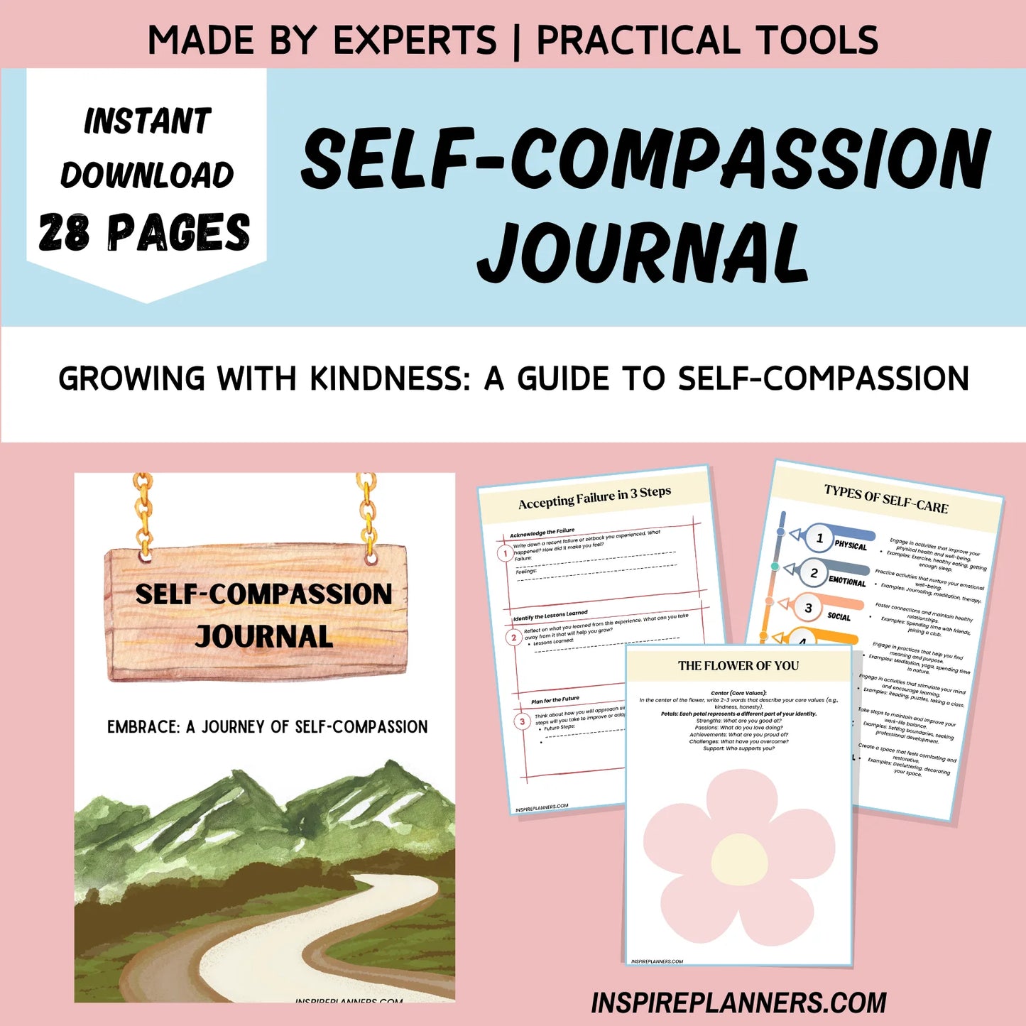 Self-compassion journal to embrace kindness and personal growth, 28 pages practical guide for instant download.