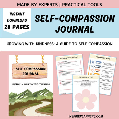 Self-compassion journal to embrace kindness and personal growth, 28 pages practical guide for instant download.