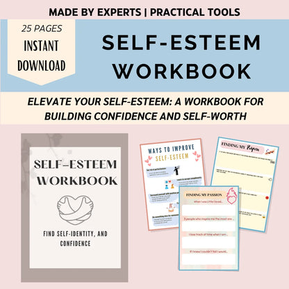 Self-esteem workbook to build confidence and self-worth, 25 pages of practical exercises for personal growth.