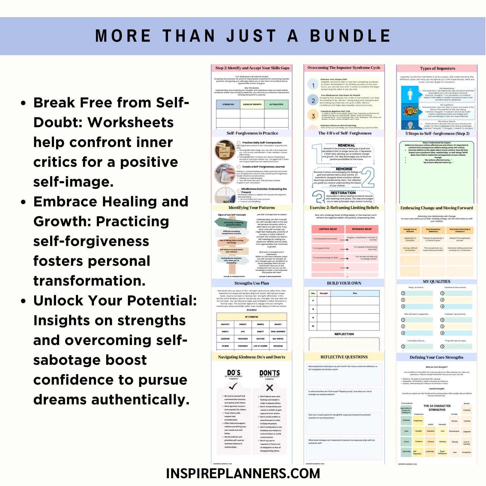 Benefits of the Self-Worth Mega Bundle, including overcoming self-doubt, self-forgiveness, and unlocking personal growth.