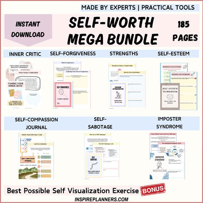 Self-Worth Mega Bundle preview featuring tools for self-esteem, self-forgiveness, strengths, and inner critic management.