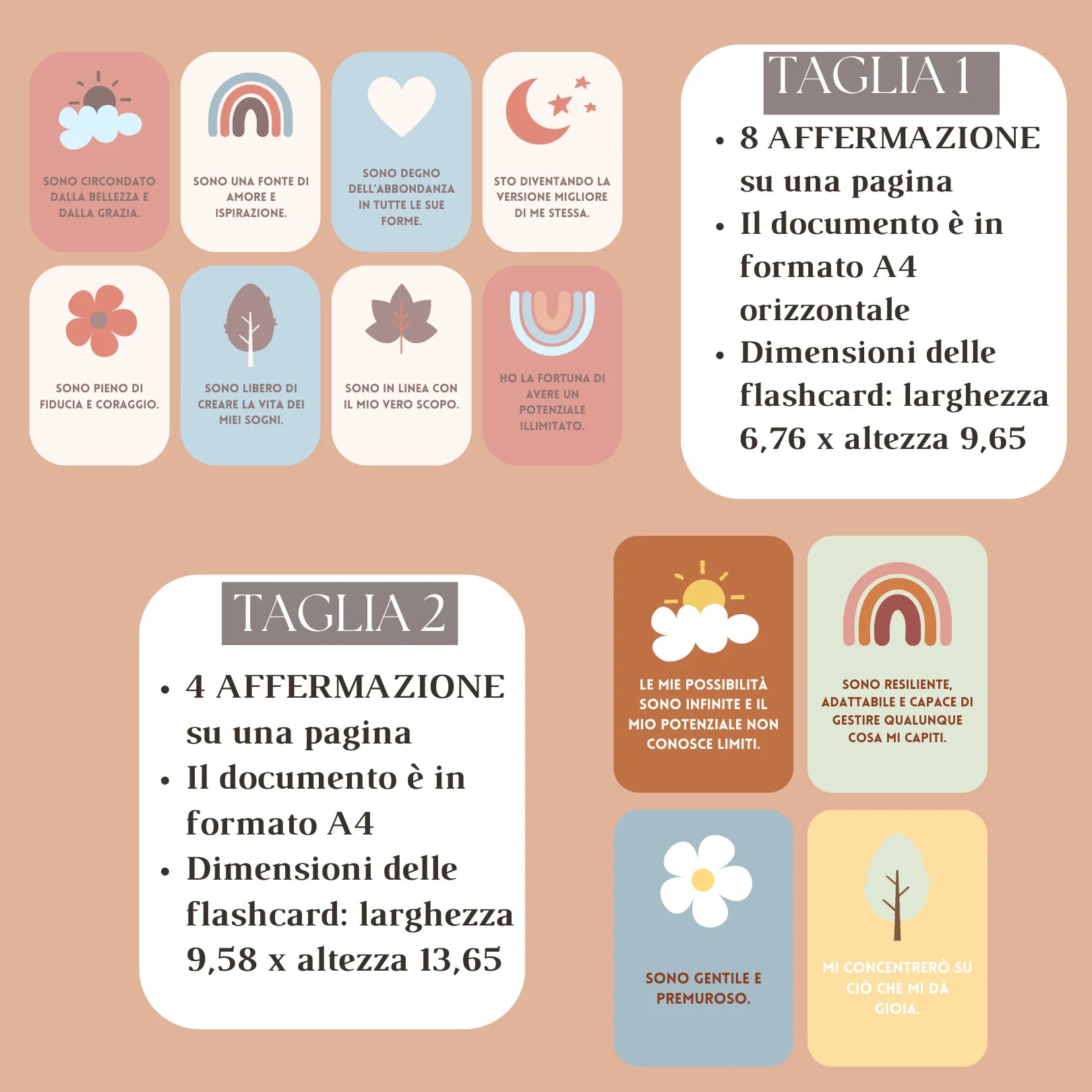 Specifiche delle carte di affermazione positiva: formato A4 con 8 o 4 affermazioni per pagina, dimensioni precise per ogni taglia.