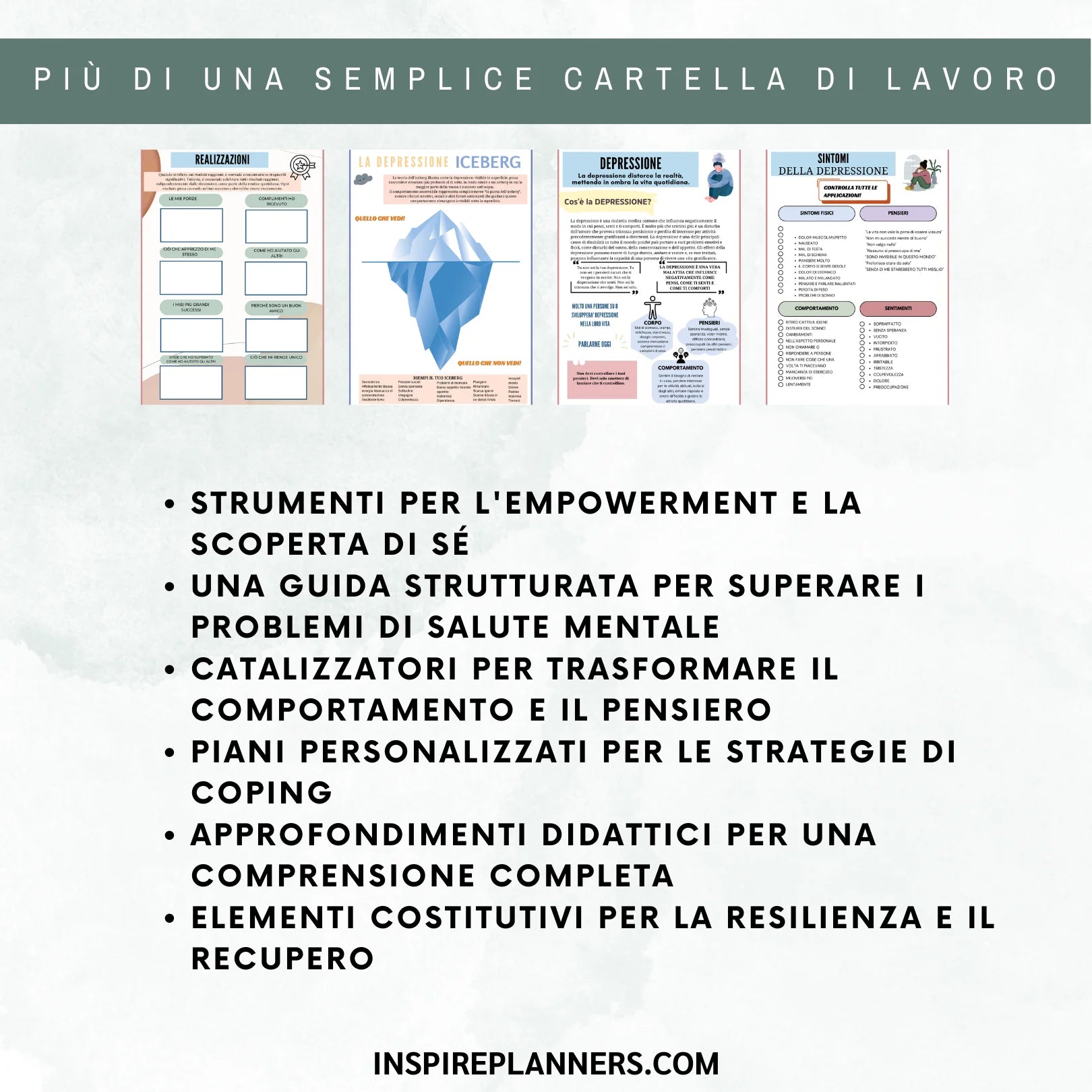 Strumenti per il superamento della depressione con schede di lavoro per l'empowerment e il recupero mentale.