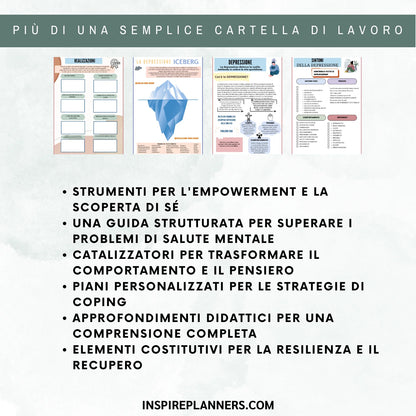 Strumenti per il superamento della depressione con schede di lavoro per l'empowerment e il recupero mentale.