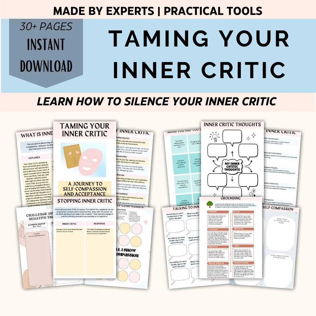 Guide to taming your inner critic with self-compassion exercises, 30+ pages of practical worksheets.