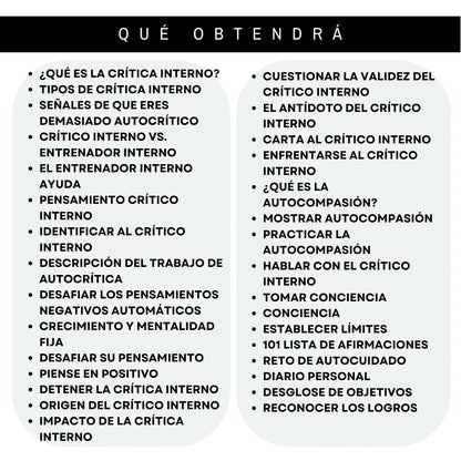 Contenido de las hojas para Dominar a tu Crítico Interno en español: herramientas para silenciar la autocrítica y mejorar la autoestima.