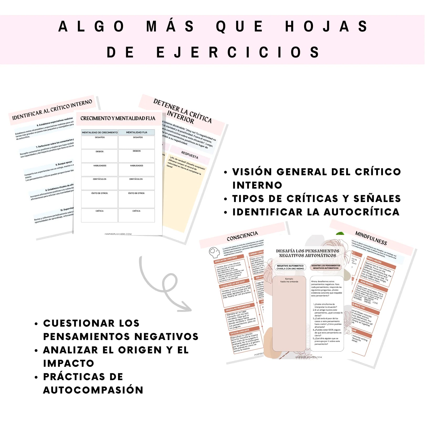 Características de las hojas para Dominar a tu Crítico Interno en español: identifica la autocrítica y fomenta la autocompasión.