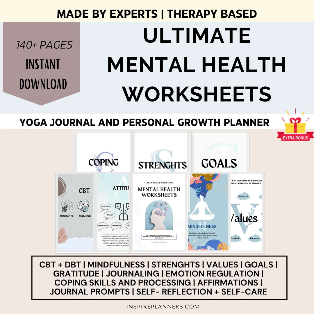 Therapy-based mental health worksheets featuring CBT, DBT, journaling, and mindfulness tools.