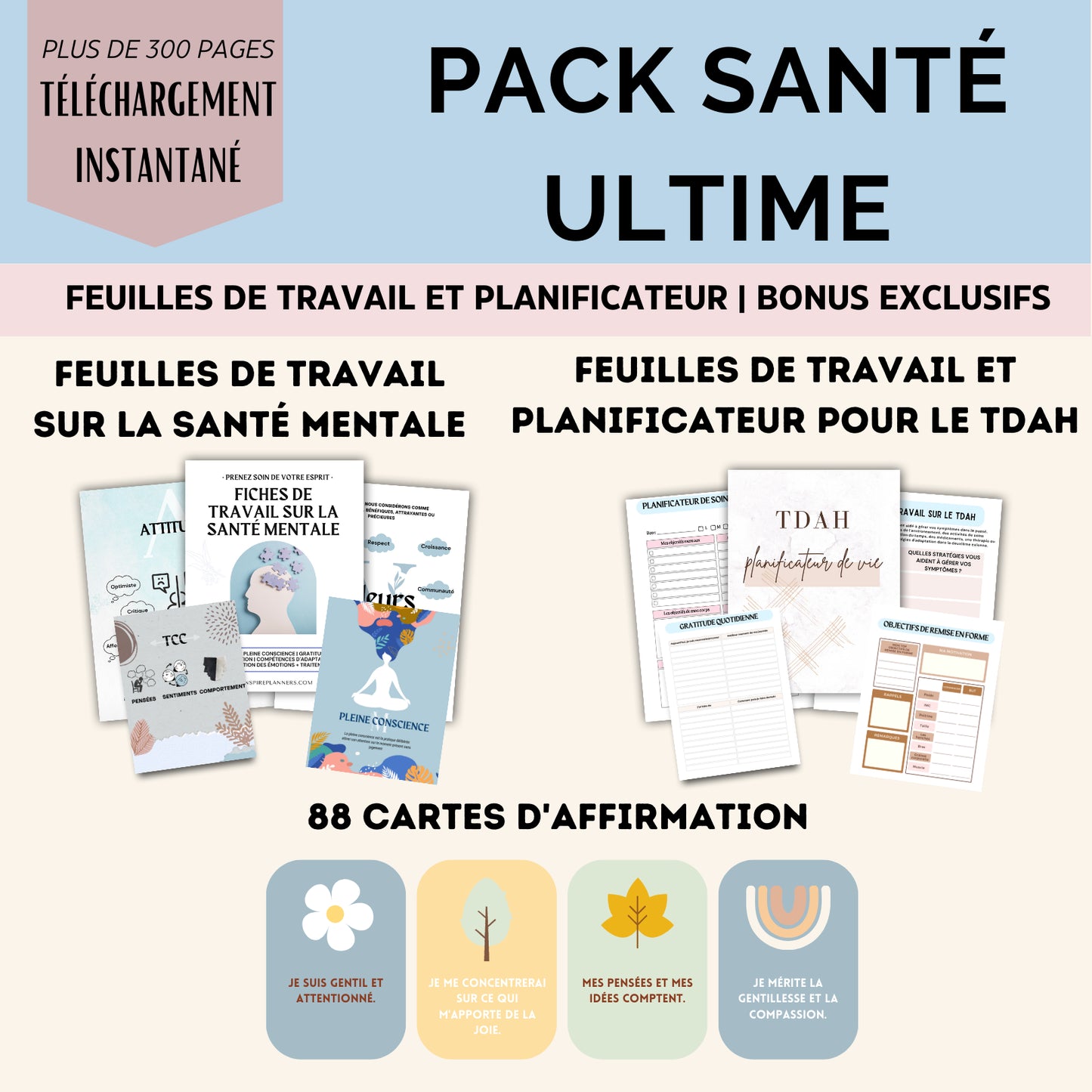 Pack Santé Ultime en français avec feuilles de travail sur la santé mentale, TDAH, planificateurs et 88 cartes d'affirmation positives.