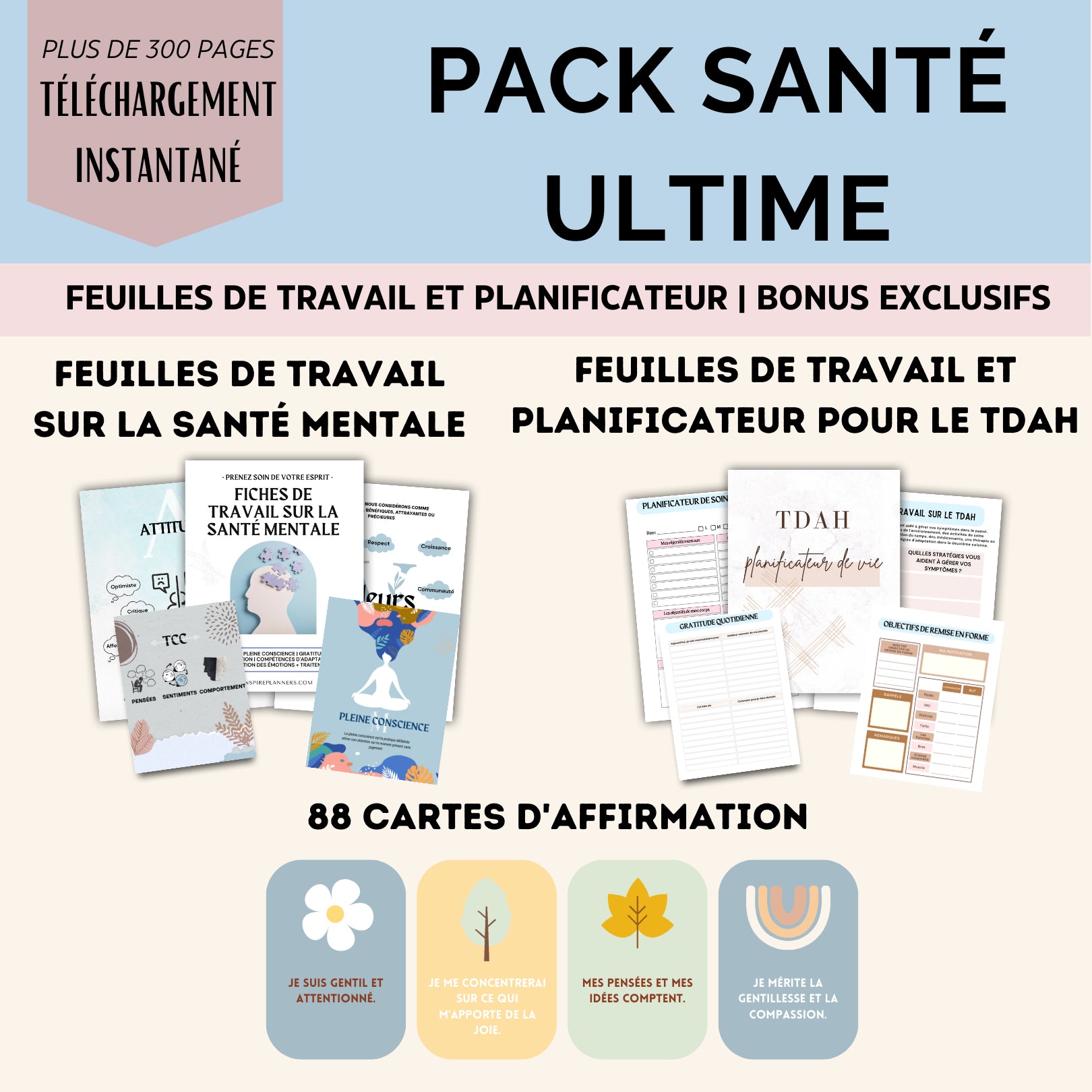 Pack Santé Ultime en français avec feuilles de travail sur la santé mentale, TDAH, planificateurs et 88 cartes d'affirmation positives.