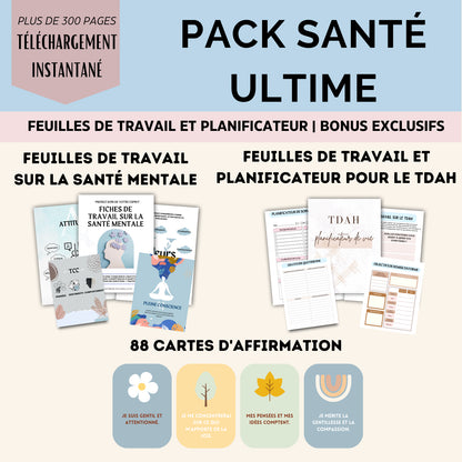 Pack Santé Ultime en français avec feuilles de travail sur la santé mentale, TDAH, planificateurs et 88 cartes d'affirmation positives.