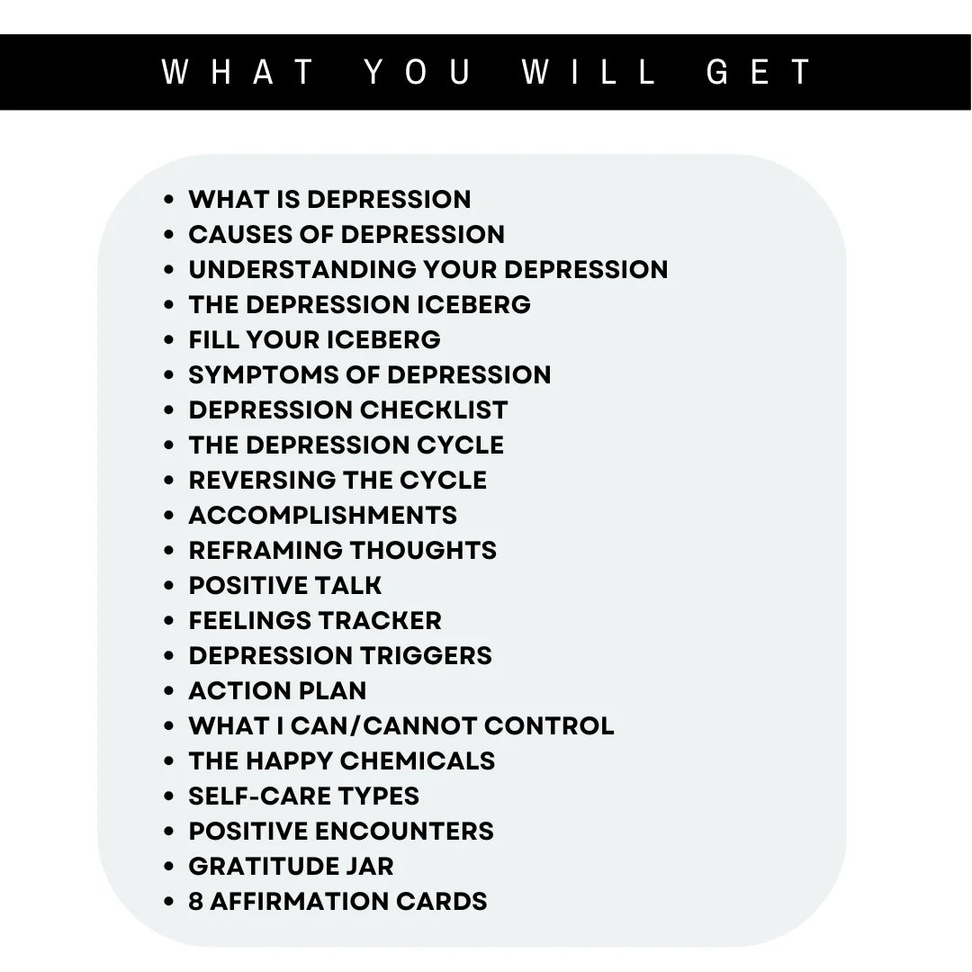 Depression Spiral Worksheets highlighting what’s included, such as depression triggers, feelings tracker, and action plans.